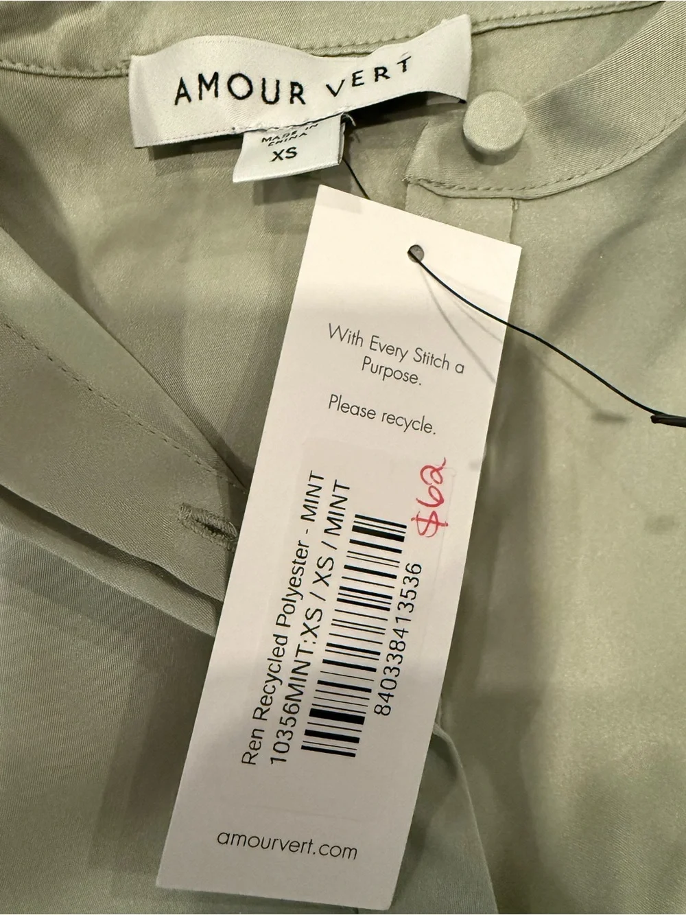 Amour Vert Mint Green Satin Cap Sleeve Top Size XS